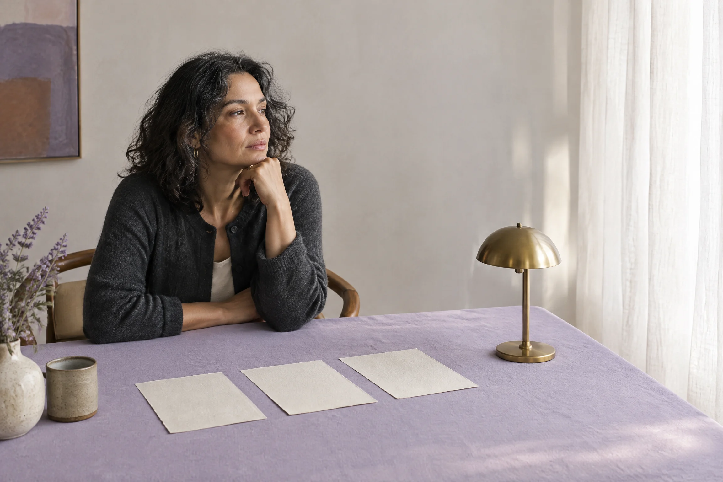 Professional sitting with decision cards at a quiet desk