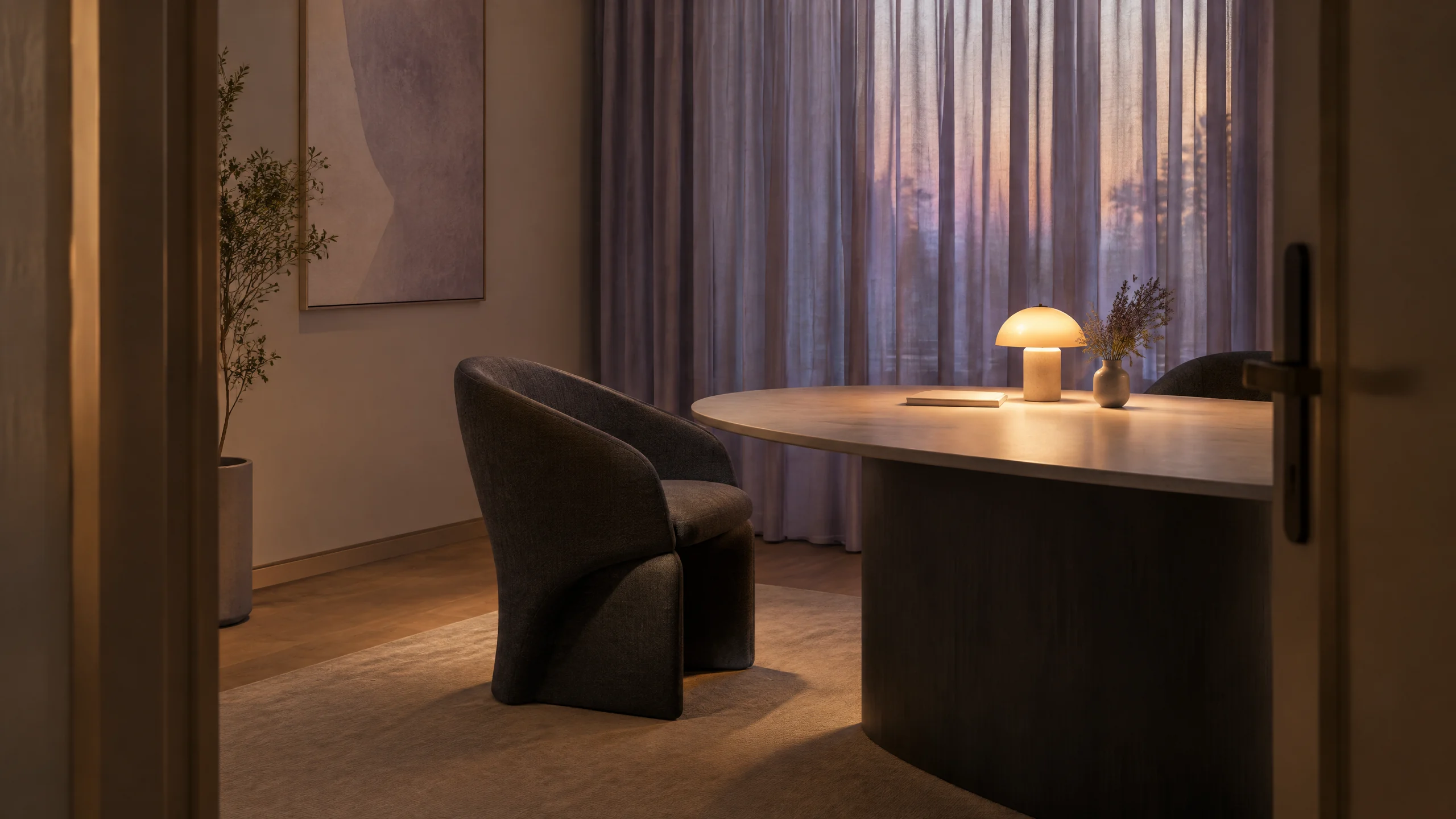 Quiet evening meeting room with a single chair and warm light