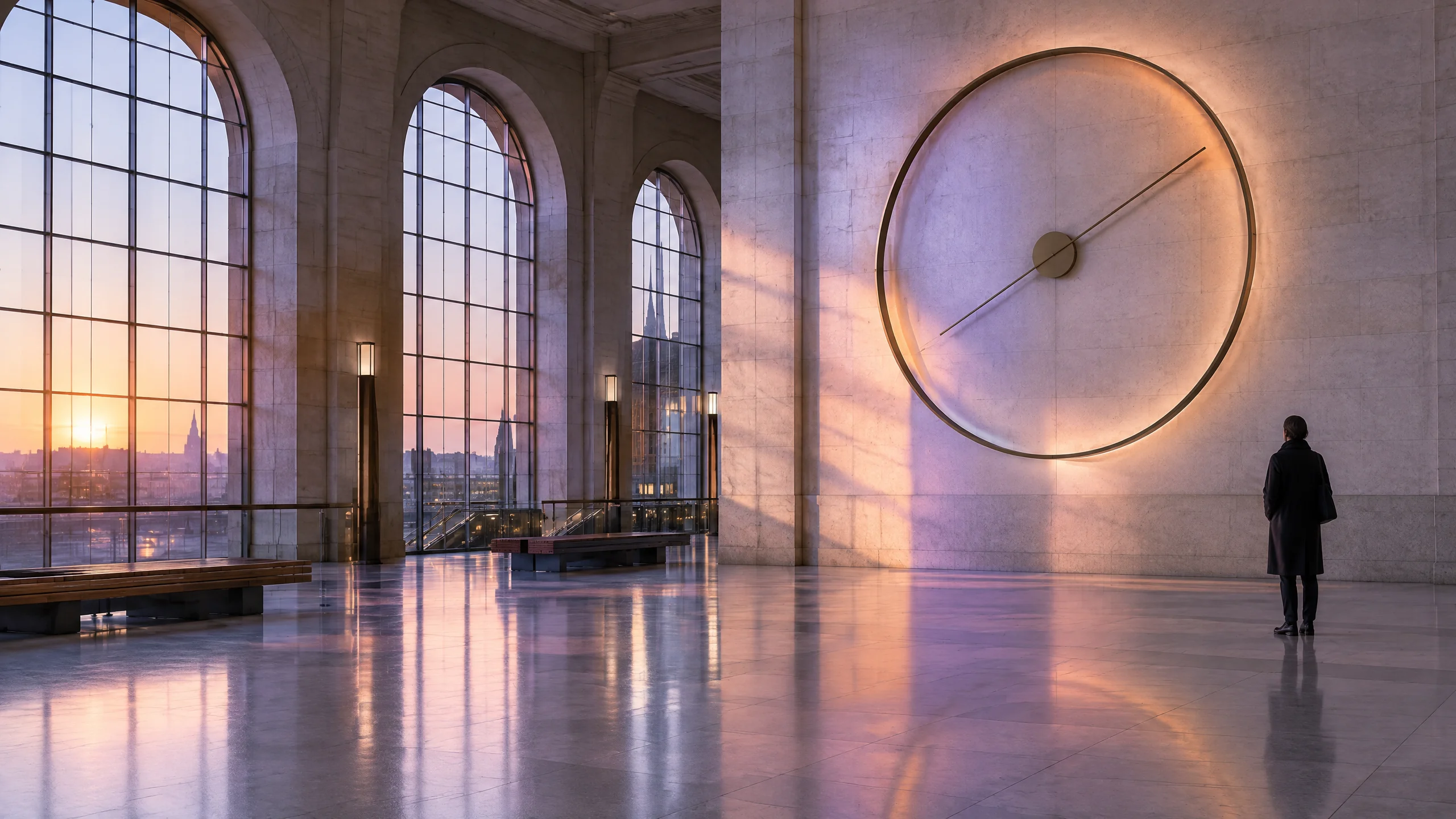 Person at a quiet station beneath an abstract clock installation