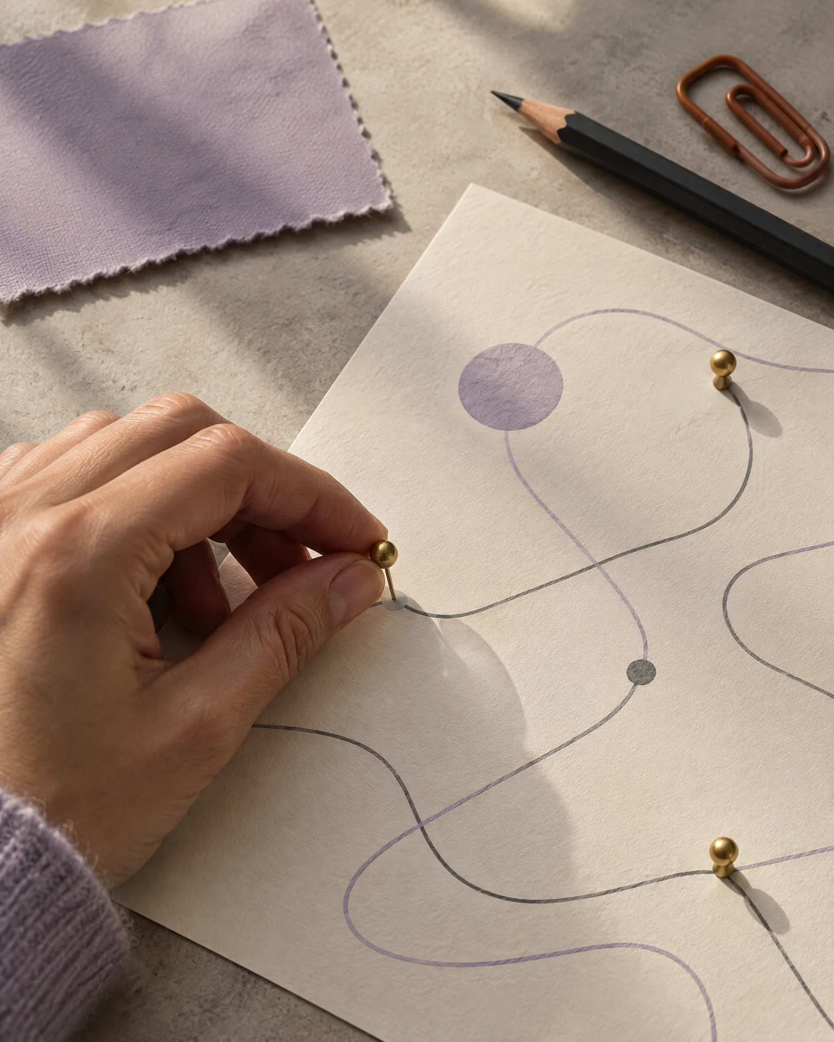 Hand placing a pin on an abstract decision map