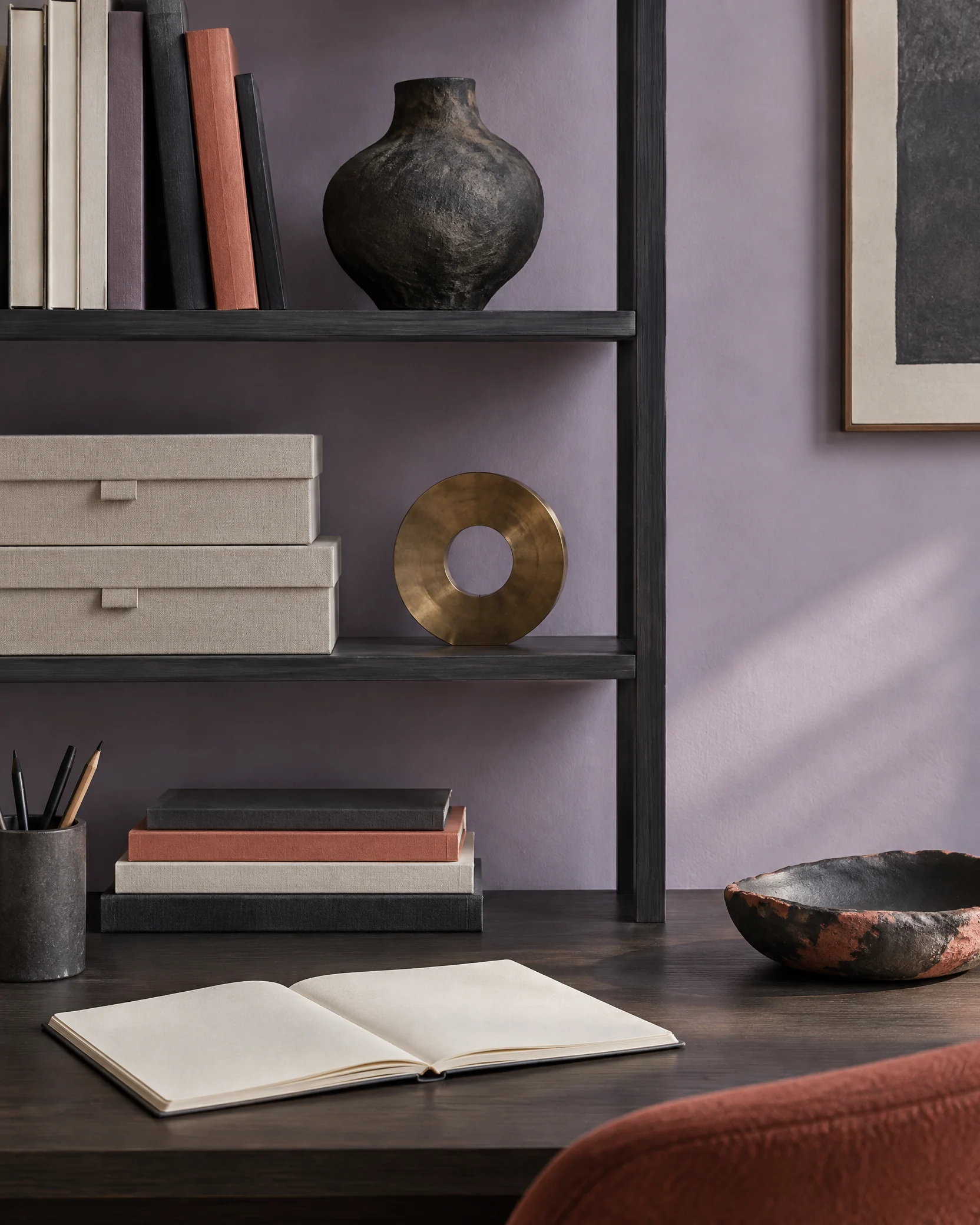 Quiet workroom with books and visual materials