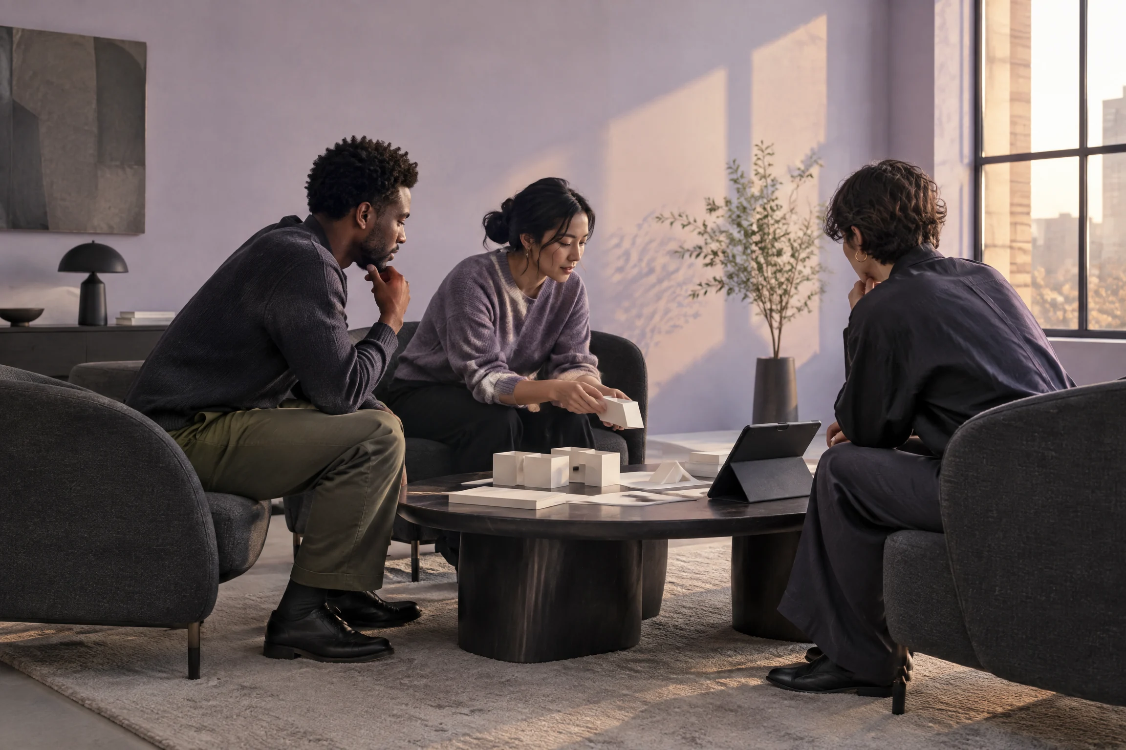 Small group around a table reviewing work materials
